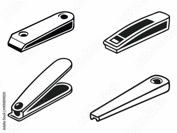 Fototapeta Simple Black and White Illustration of Nail Clippers, Nail File, and Stapler, Four black and white line art illustrations of various tools.