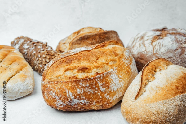 Obraz Freshly baked artisan bread assortment on white background