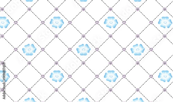 Fototapeta "Seamless Floral Lattice Pattern with Blue Flowers and Diamond Grid Background"