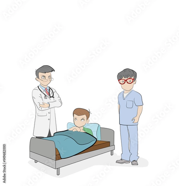 Fototapeta Medical plot. Doctors stand around the bed with the sick. Meeting on treatment. vector illustration.