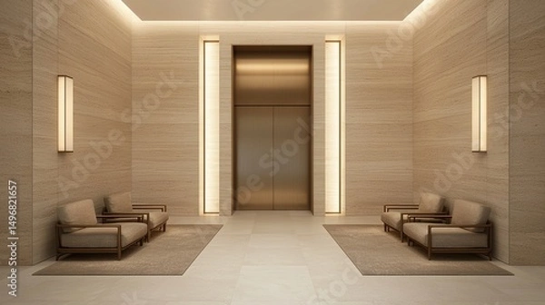 Fototapeta A modern, elegant lobby with neutral tones, minimalist furniture, and a central elevator framed by warm lighting.