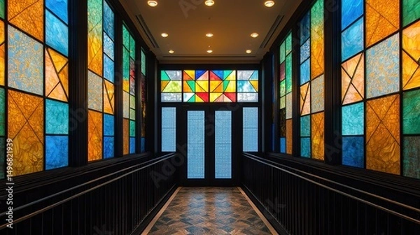 Fototapeta A hallway with vibrant stained glass windows and geometric patterns, illuminated by ceiling lights, creating a colorful and artistic atmosphere.