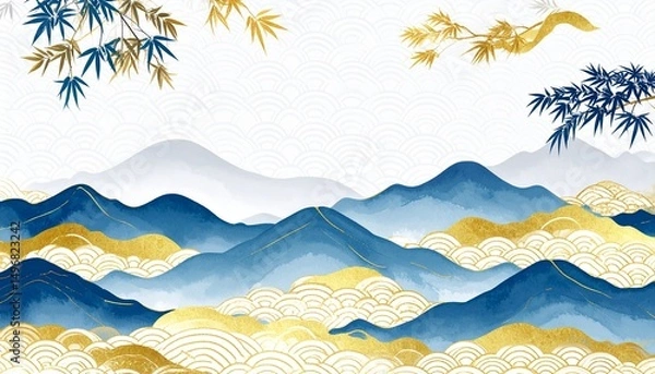 Fototapeta 金　和紙　波　模様　背景　自然