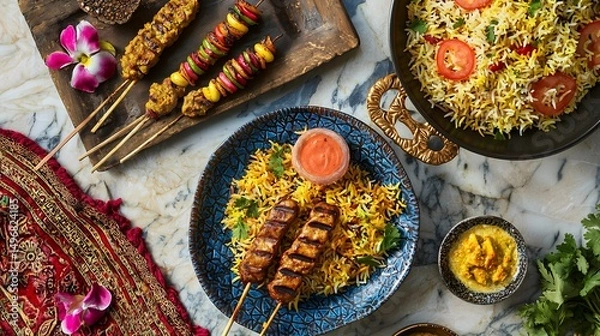 Fototapeta Eid Dining Table Filled With Biryani Kebabs Desserts Served for Family Gathering Celebration Original Background