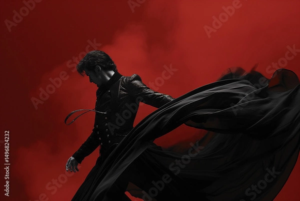 Fototapeta Dramatic matador performance with flowing black fabric against a striking red background in a theatrical setting. Generative AI
