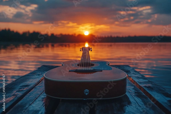 Fototapeta Sunset view over a calm lake with an acoustic guitar resting on a wooden dock