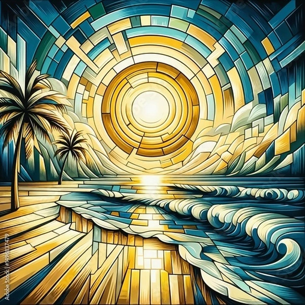 Fototapeta Abstract blue and gold fractal pattern with futuristic circular light wheel design
