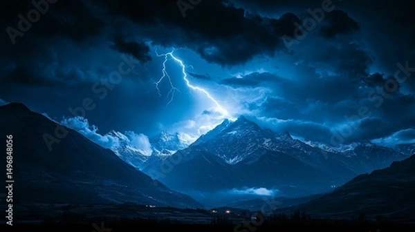 Obraz Dramatic mountain range under a stormy night sky with lightning