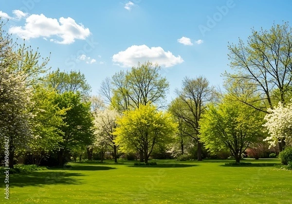 Fototapeta Sunny landscape showcasing a vivid green field leading to blurred trees and a bright blue sky, with visible lens flare