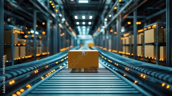 Fototapeta A futuristic automated conveyor belt system sorting delivery packages 