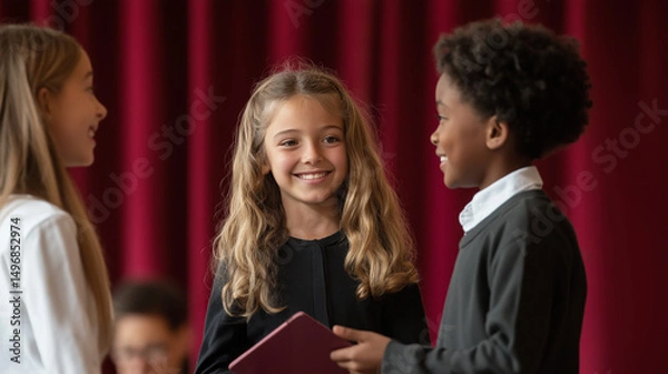 Fototapeta Group of diverse elementary school students interacting and smiling, possibly practicing a presentation in front of a red curtain, with one student holding a tablet