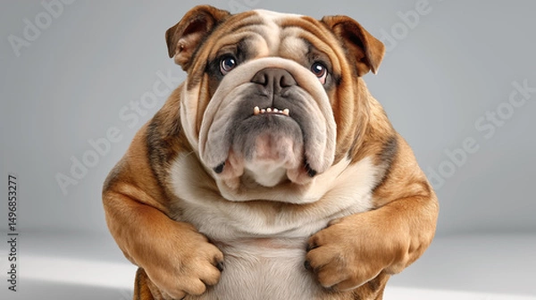 Obraz Bulldog standing upright, holding a fold of its belly skin with its front paws, looking surprised or concerned