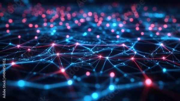 Fototapeta Abstract digital network with interconnected nodes conveying data streams