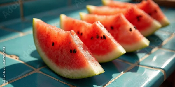 Fototapeta Sliced watermelon on blue tiles