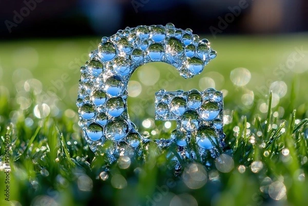 Obraz Glossy dew-covered letter G in sparkling grass AI generated