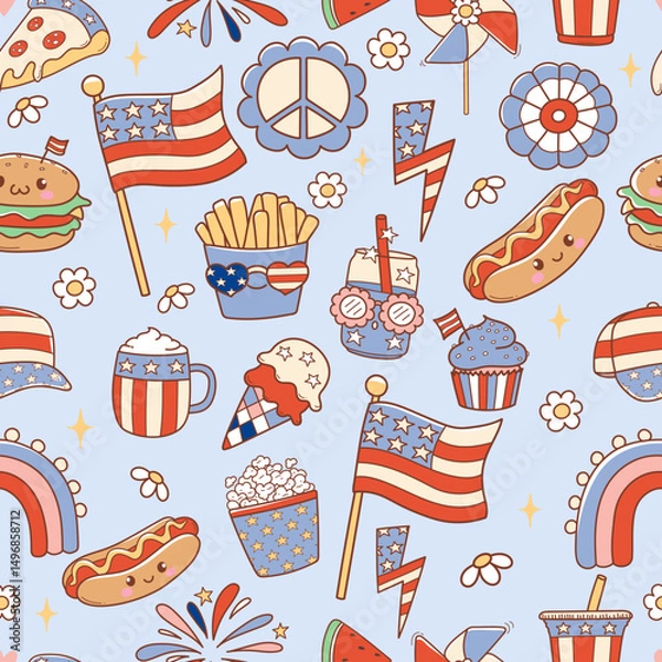 Fototapeta Retro 4th of July Seamless Pattern Isolated Hand Drawn Design for Fabric Digital paper Vector