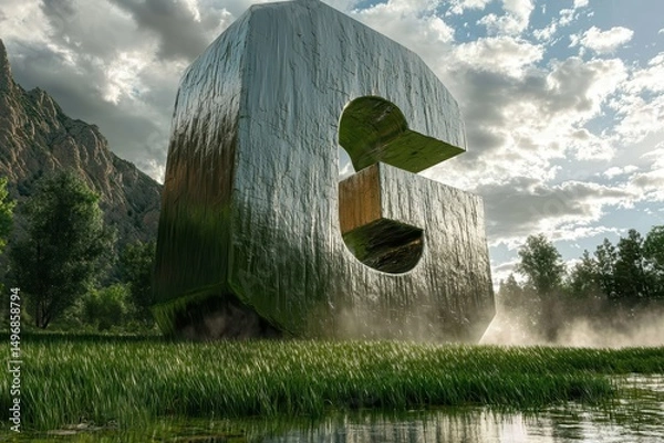 Obraz Monumental sculpted letter G in morning forest light AI generated
