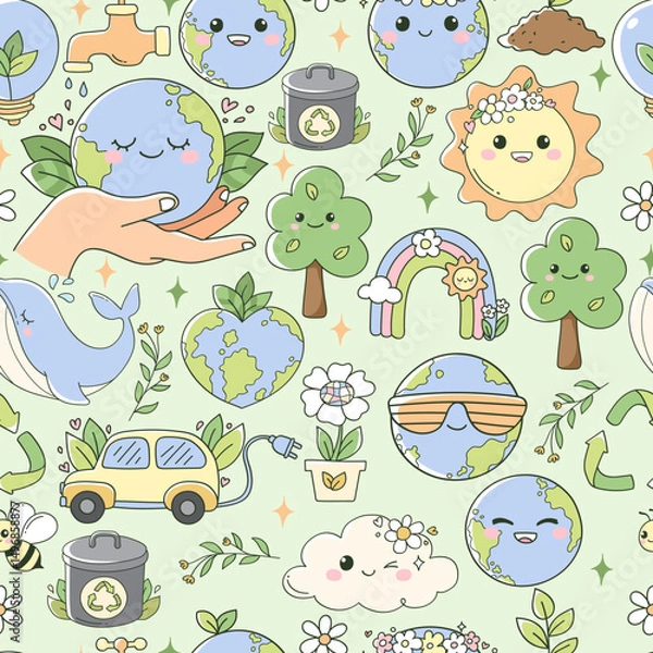 Fototapeta Pastel Earth Day Seamless Pattern Isolated Hand Drawn Design for Fabric Digital paper Vector