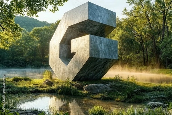 Obraz Monumental sculpted letter G in morning forest light AI generated