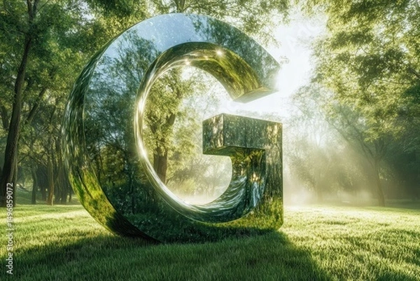 Obraz Monumental sculpted letter G in morning forest light AI generated