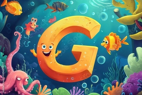 Obraz Fun underwater alphabet with playful letter G characters AI generated