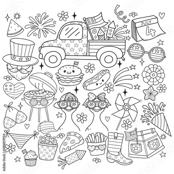 Fototapeta Retro 4th of July or Independence Day Doodle Cartoon Style Hand Drawn Elements Outline Coloring Page Vector