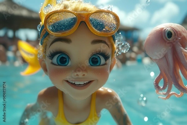 Obraz Happy animated girl swimming with octopus friend AI generated
