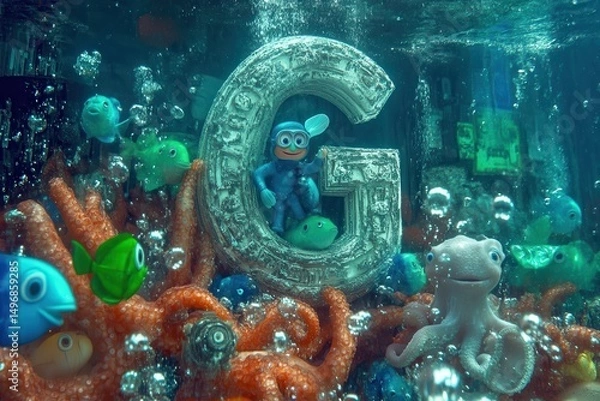 Obraz Fun underwater alphabet with playful letter G characters AI generated