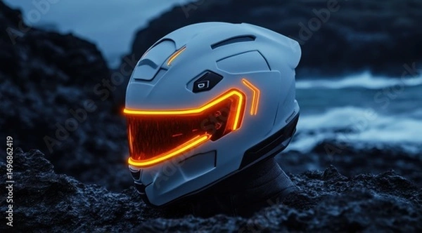 Fototapeta Futuristic white helmet with orange LED accents rests on dark rocks near a stormy ocean
