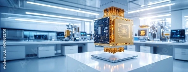 Obraz A glowing quantum computer core in a futuristic laboratory represents cutting-edge technology and next-generation computing