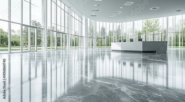 Obraz Modern, bright lobby with expansive glass walls showcasing a verdant outdoor landscape; sleek, minimalist reception desk; highly polished floor reflecting the scene