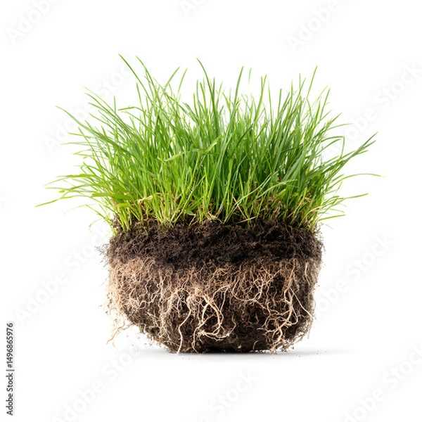 Fototapeta A grass tuft with soil and roots, isolated on a white background, soft focus