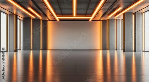 Obraz Modern, minimalist empty room with large windows, glossy floor, and orange neon lighting accents creating a sleek, contemporary atmosphere