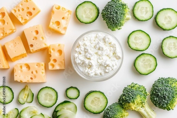 Obraz Dairy and veggie slices on white