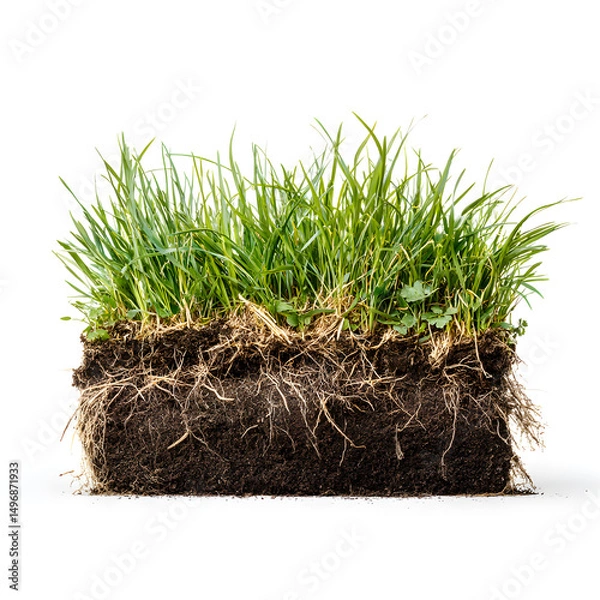 Fototapeta A patch of grass with roots and soil clump, isolated on a white background, natural light