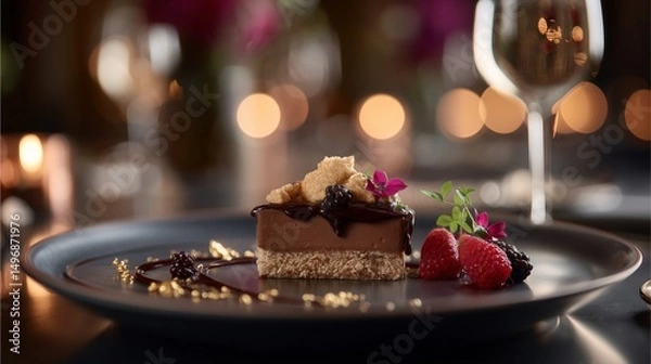 Fototapeta Hyperreal Food Photography of luxury dessert plating with golden accents, fine dining ambiance with cinematic depth and soft bokeh