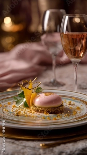 Fototapeta Hyperreal Food Photography of luxury dessert plating with golden accents, fine dining ambiance with cinematic depth and soft bokeh