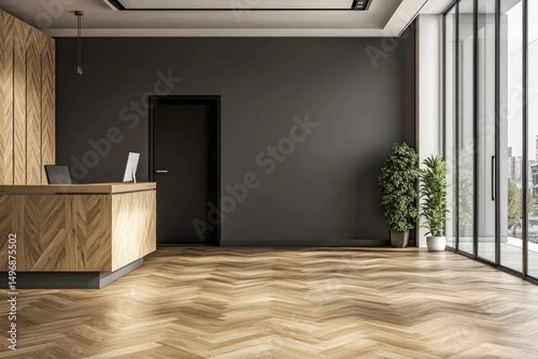 Fototapeta Modern, minimalist reception area with dark gray walls, light wood accents, and large windows