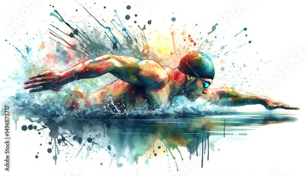 Obraz Watercolor swimmer with splashes