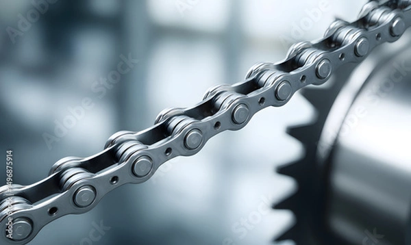 Fototapeta a close-up of a steel chain wrapped around a gear. generative ai