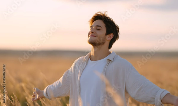 Obraz a young man smiling with eyes closed, standing in a sunlit field, arms slightly raised as if embracing the moment, warm colors and soft wind, expressing pure joy. generative ai
