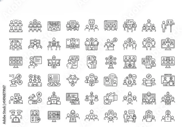 Obraz Discussion set of web icons in line style. Live webinar icons for web and mobile app. Containing conference, business meeting, classroom, team, interview, conference, work, discussion, etc
