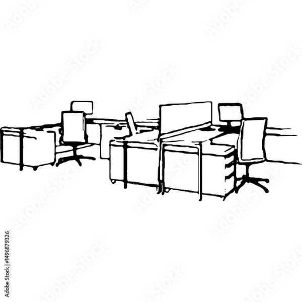 Fototapeta A stylish hand-drawn office interior vector, featuring modern workstations and comfortable seating, perfect for illustrating creative workspace concepts and designs.