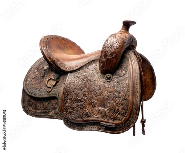 Obraz Intricately designed leather saddle for equestrian use and display on a transparent background, cut out