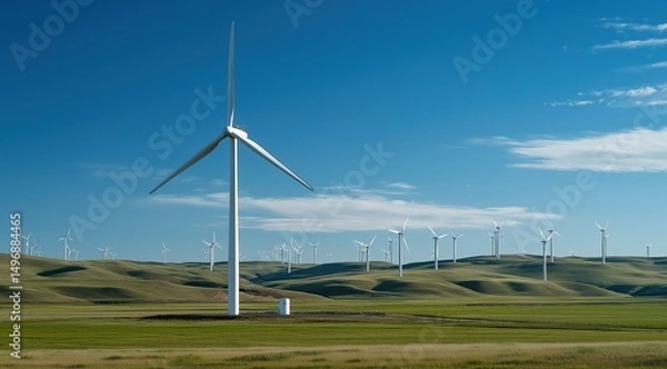 Obraz Large Wind Farm on Rolling Green Hills Under Clear Blue Skies: Eco-Friendly Energy Generation Concept