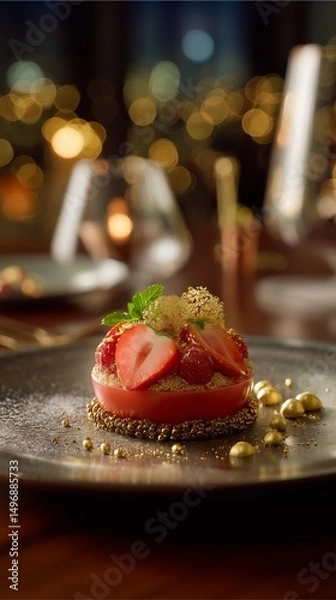 Fototapeta Hyperreal Food Photography of luxury dessert plating with golden accents, fine dining ambiance with cinematic depth and soft bokeh2