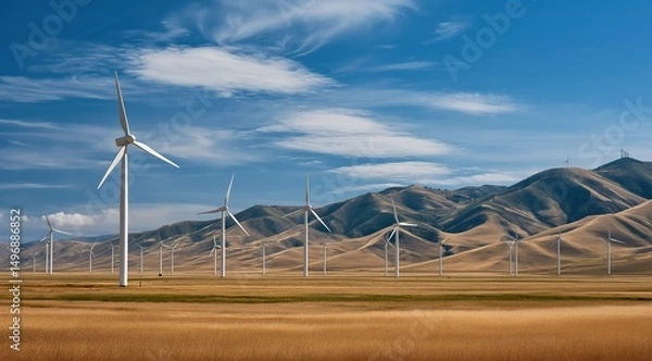 Obraz Panoramic View of Wind Turbines in Rolling Hills: Green Technology in Harmony with Nature's Landscape