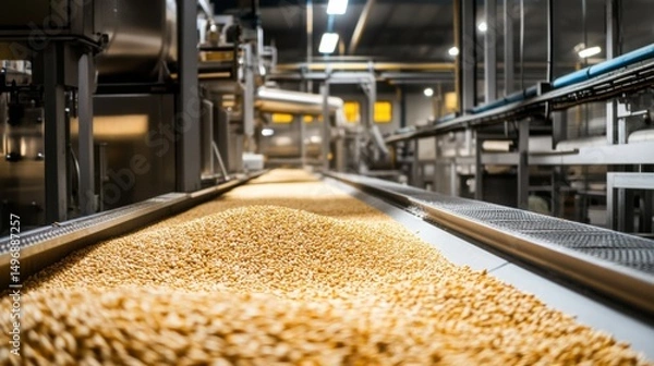 Fototapeta The interior of an industrial flour mill, high-tech machines showing the process of processing wheat into flour. 