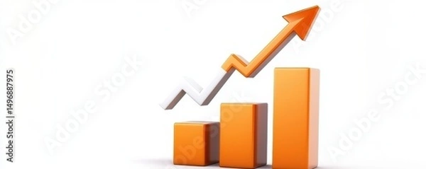 Fototapeta Orange bar graph with an upward arrow showing growth and progress on a white background.