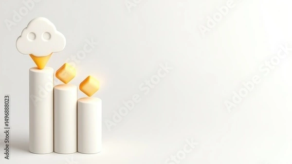 Obraz Minimalist 3D bar chart with cloud icon and geometric shapes representing data growth on a white background.